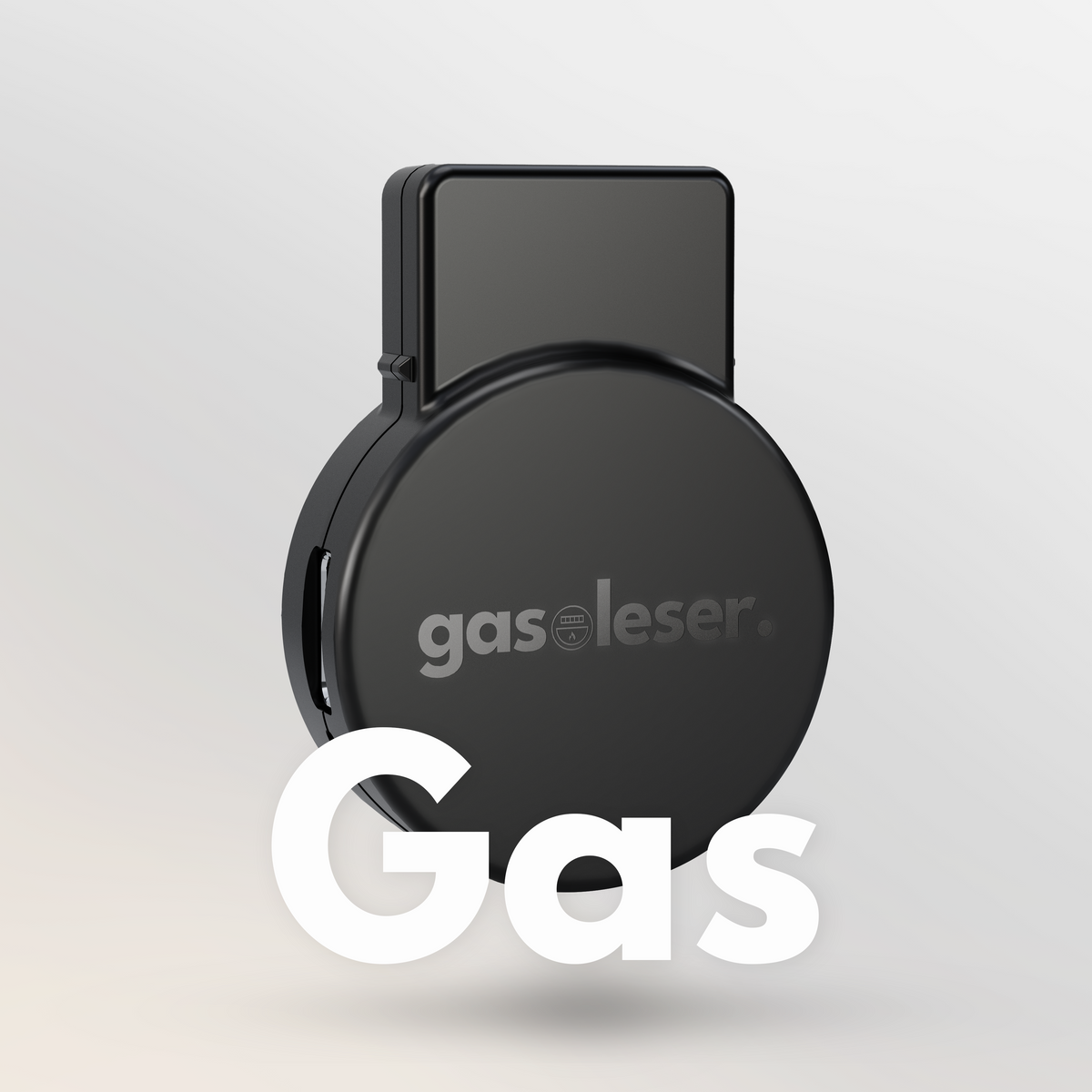 gasleser Gaszähler-Sensor in Schwarz vor hellem Hintergrund, mit großem ‘Gas’-Schriftzug darunter.